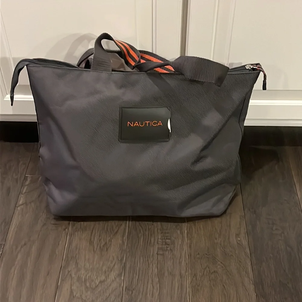 Nautica Grey Orange Canvas Tote new beach pool vacation